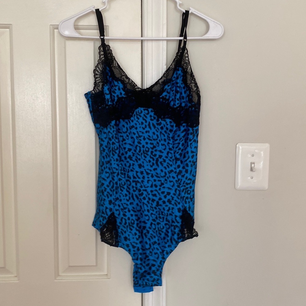 Silk and lace bright blue/black leopard print onesie..
